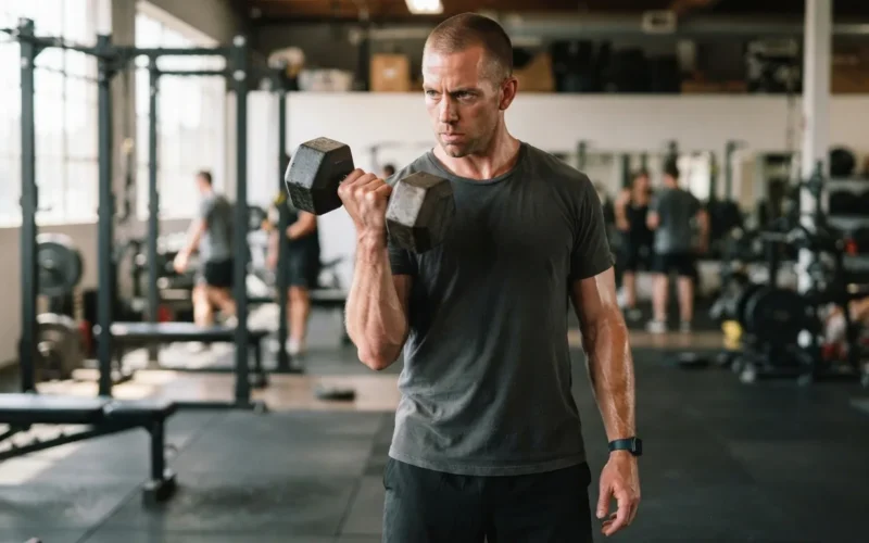 a man lifting a dumbbell for a bicep curl in a gym