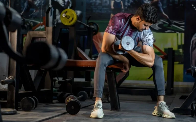A muscular man working out in a gym, lifting a dumbbell for strength training.