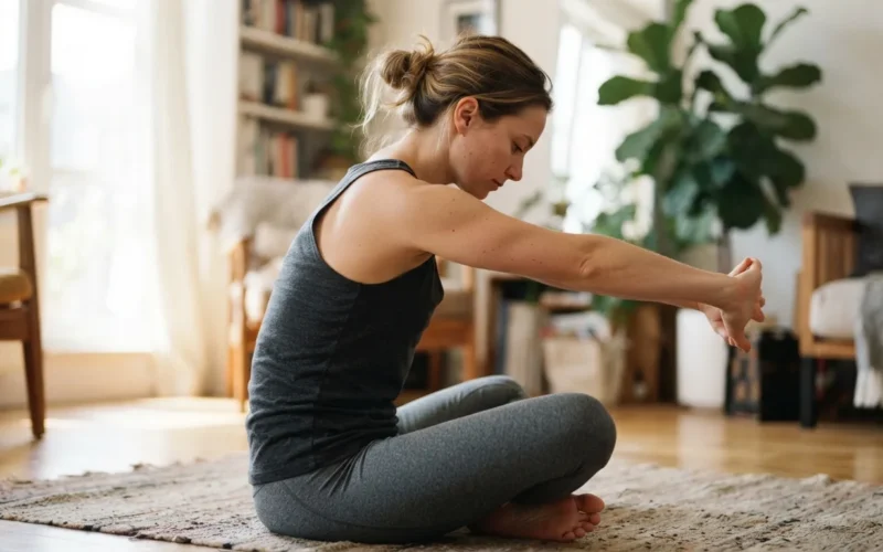a person stretching their upper back