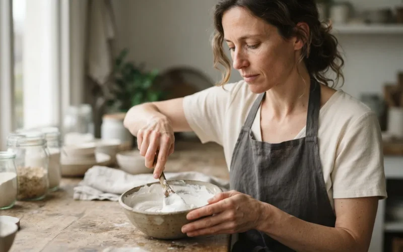 a person mixing a white paste in a bowl