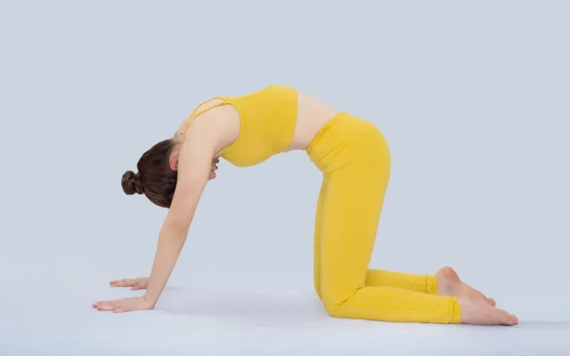 An adult woman in a yellow outfit performing cat pose yoga indoors, focusing on flexibility and well-being.