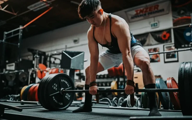 A man performs a deadlift in a gym, showcasing strength and athletic focus.