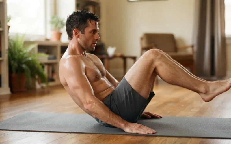 a man doing a core exercise on a mat at home