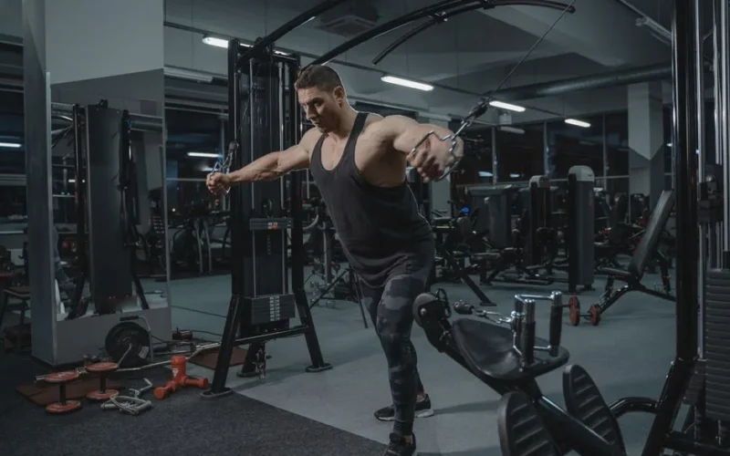 Muscular man working out in the gym using a cable crossover machine.