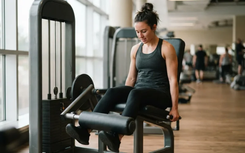 a person doing a hamstring exercise on a machine