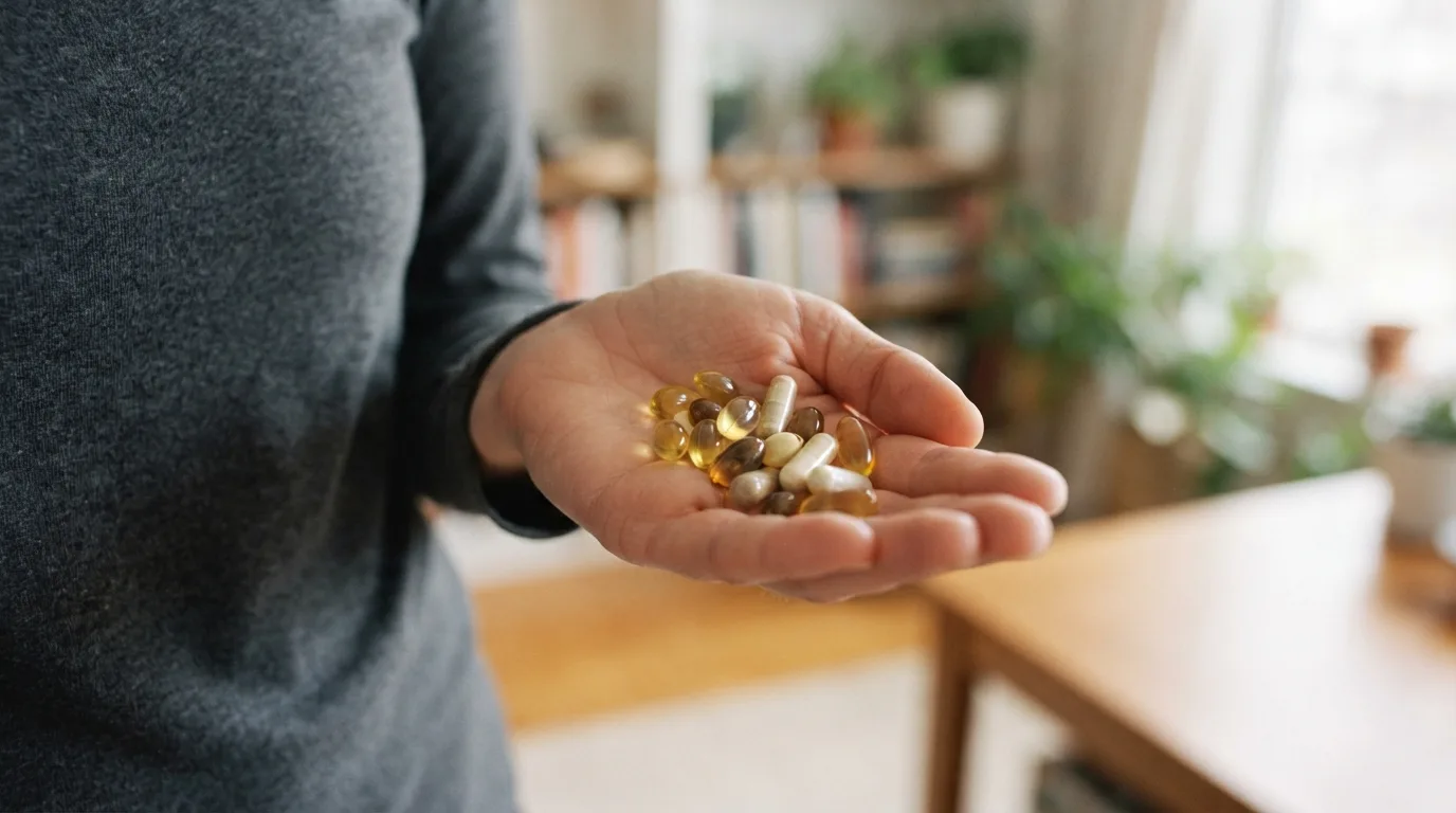 a person holding a handful of supplement capsules