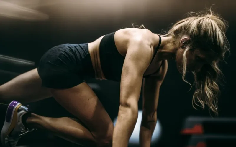 Focused female athlete in active pose working out at a gym in dynamic lighting.