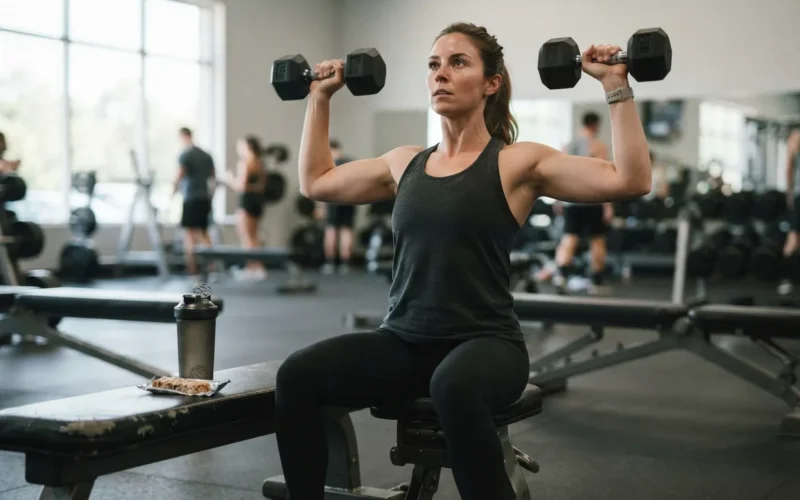 a person lifting weights with a protein bar and shaker on a gym bench