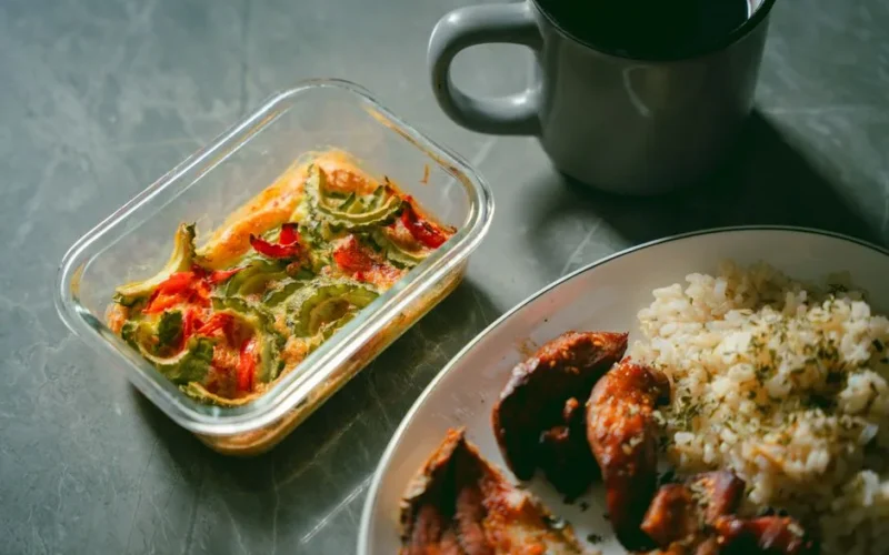 Delicious baked vegetables with chicken and rice. A perfect traditional meal.