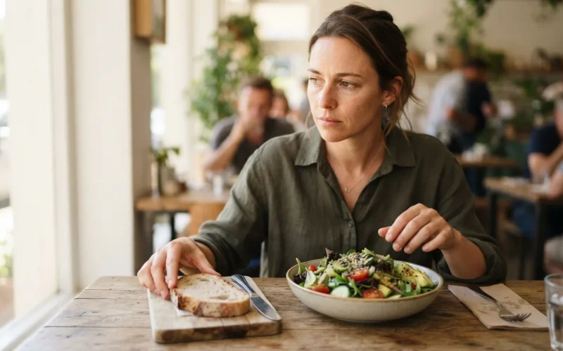a person choosing between a slice of bread and a bowl of salad