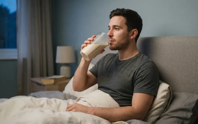 a man drinking a protein shake before sleeping in bed