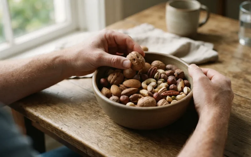 a bowl of mixed nuts on a table