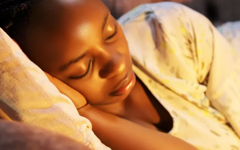 A serene close-up of a young woman sleeping peacefully indoors.