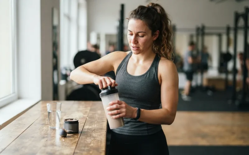 an athlete preparing to exercise with supplements and water