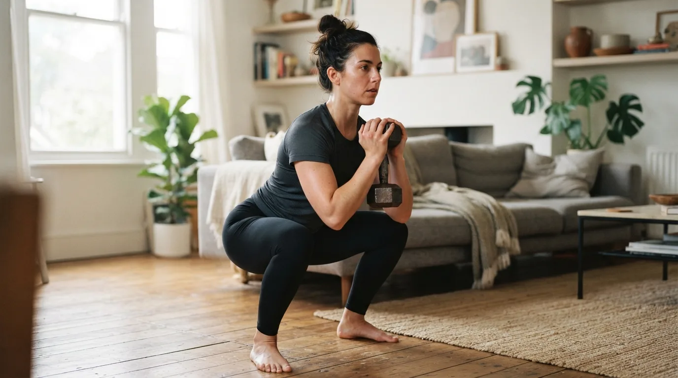 a person doing a squat in a living room