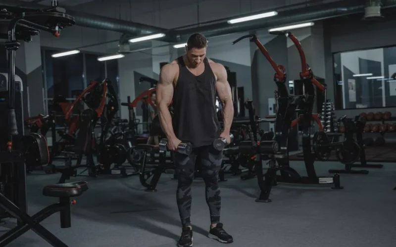 Muscular man lifting dumbbells in a modern gym setting, demonstrating strength and fitness.