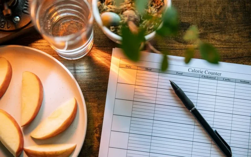 Apple slices, water glass, and a pen on a calorie counter sheet - a healthy lifestyle concept.