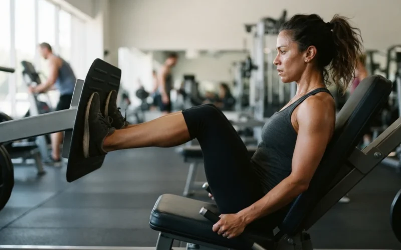 a woman exercising her legs in a gym