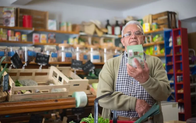 Elderly man examines product in grocery store aisle, representing daily shopping routine.