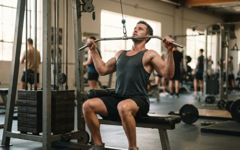 a man performing a lat pulldown on a cable machine in a gym