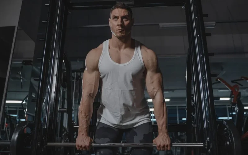 Male bodybuilder lifting weights during workout in gym. Intense focus and physical strength displayed.