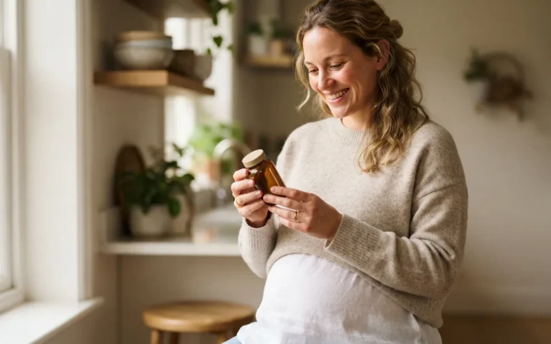 a pregnant woman holding a supplement bottle