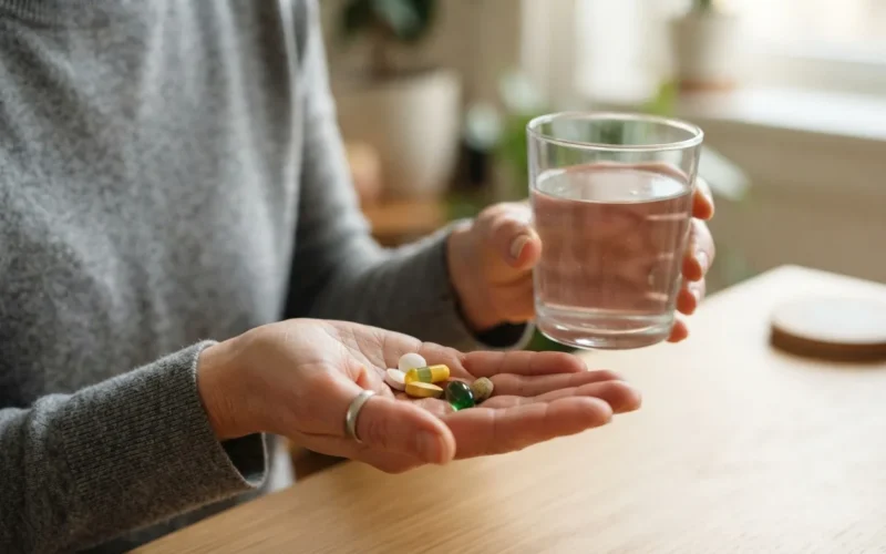 a person holding a variety of supplement pills and a glass of water