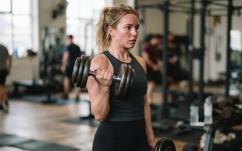 a person exercising with dumbbells in a gym
