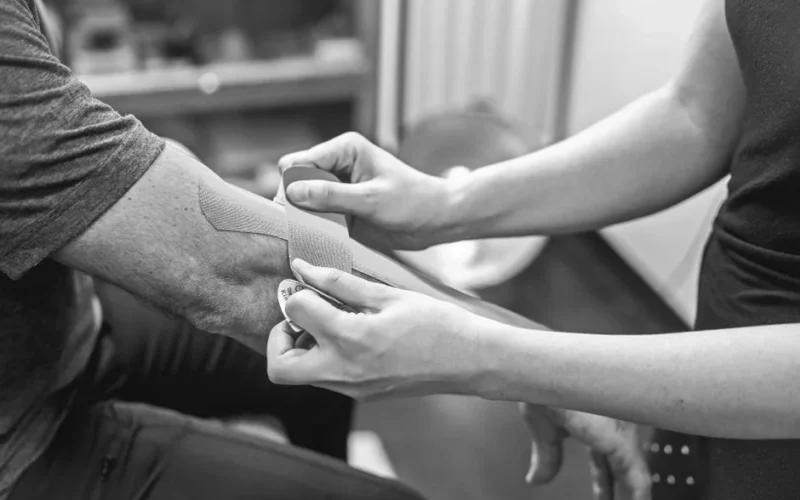 Close-up of kinesiology tape being applied on an elbow for therapeutic support in a healthcare setting.