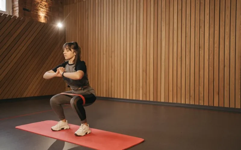 Young woman exercises indoors with resistance band on mat for fitness