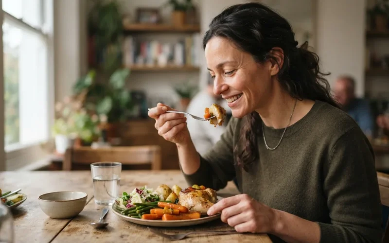 a person eating a large meal at a table