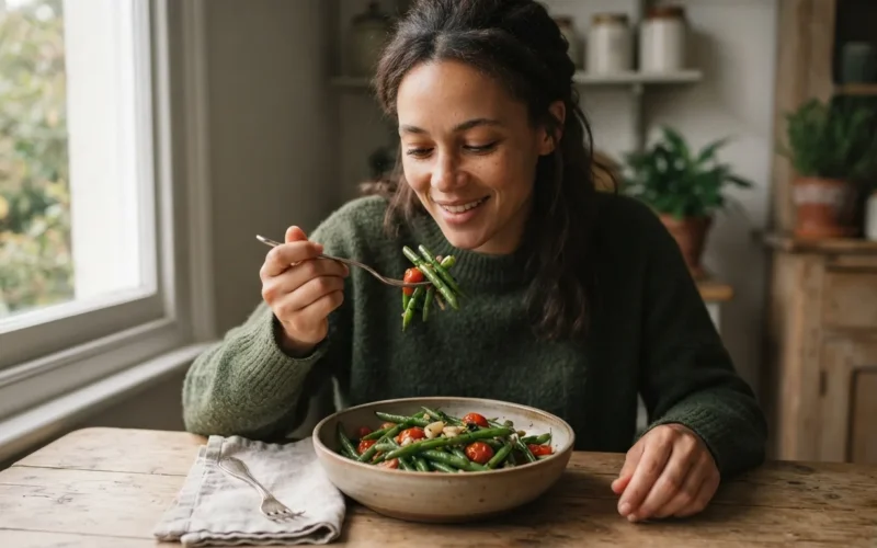 a person eating a bowl of green beans