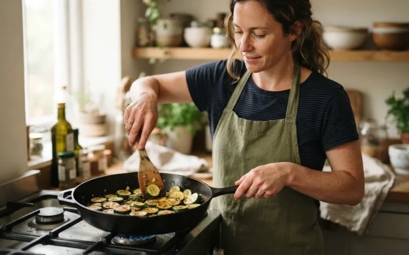 a person cooking sliced zucchini in a frying pan