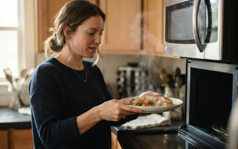 a person holding a steaming plate of food from a microwave