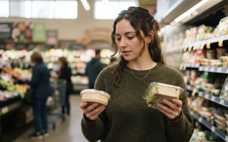 a person choosing between two different food items at a grocery store