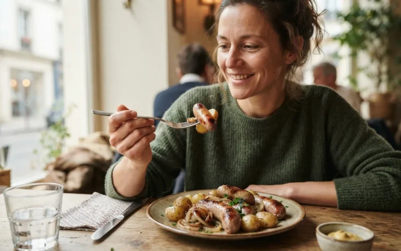 a person holding a fork over a plate with sausages