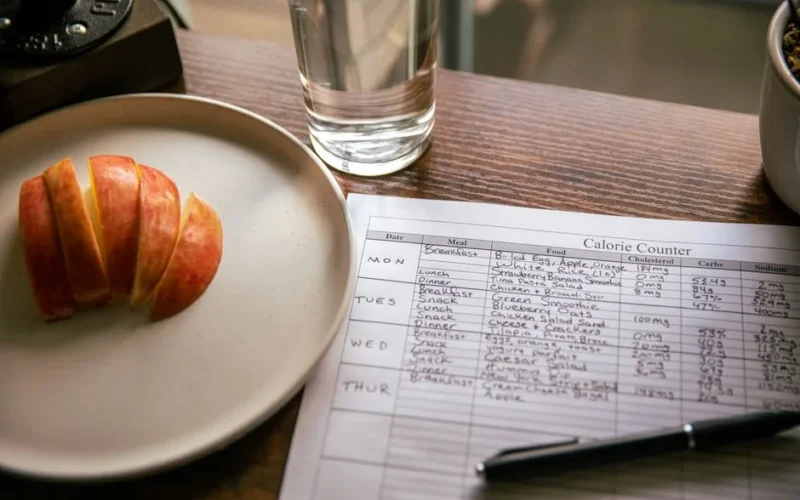 A table setup with apple slices, a calorie counting sheet, and a glass of water for a dieting scene.