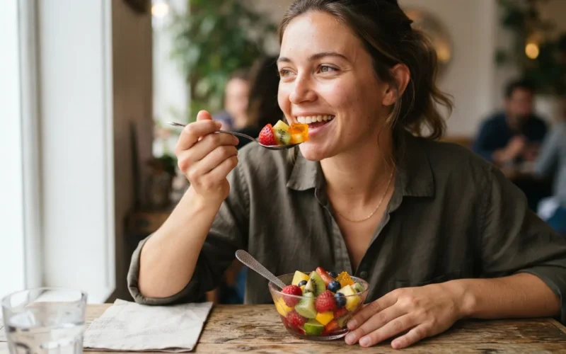 a person eating a colorful gelatin dessert with fruit