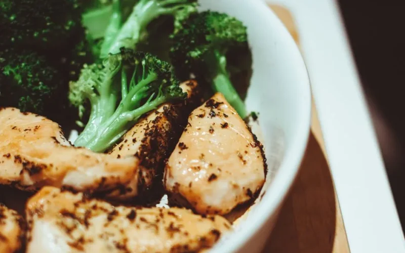 Close-up of a healthy homemade chicken and broccoli dish, perfect for a nutritious meal.