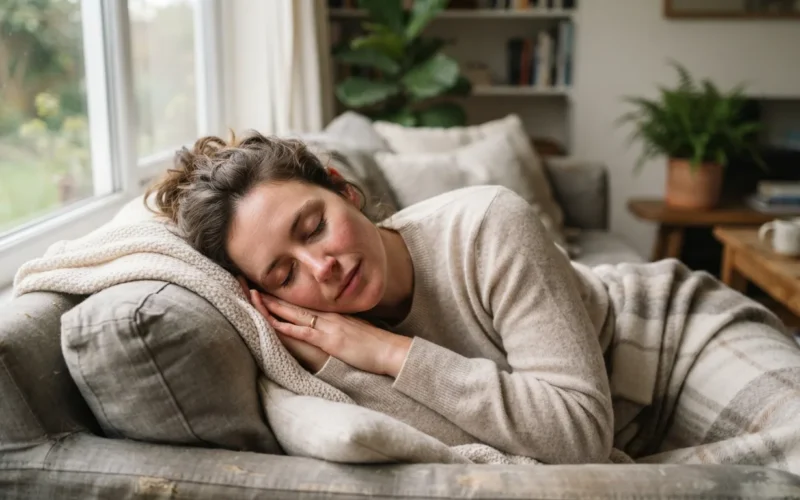 a woman resting peacefully at home