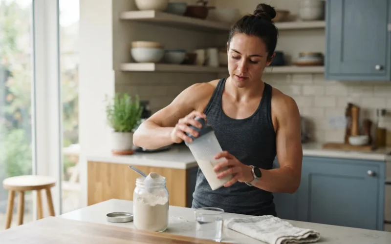 an athlete mixing a protein drink in a kitchen