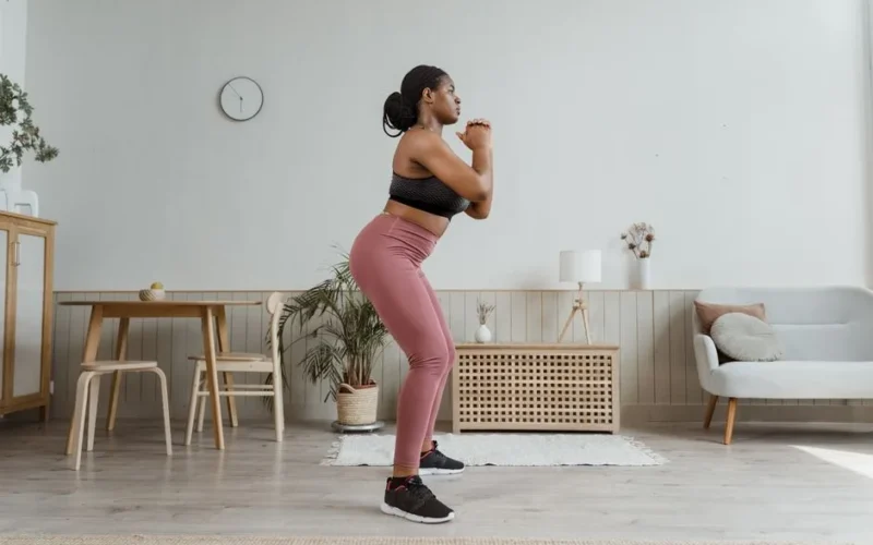 Black woman exercising at home in stylish activewear, promoting a healthy lifestyle.