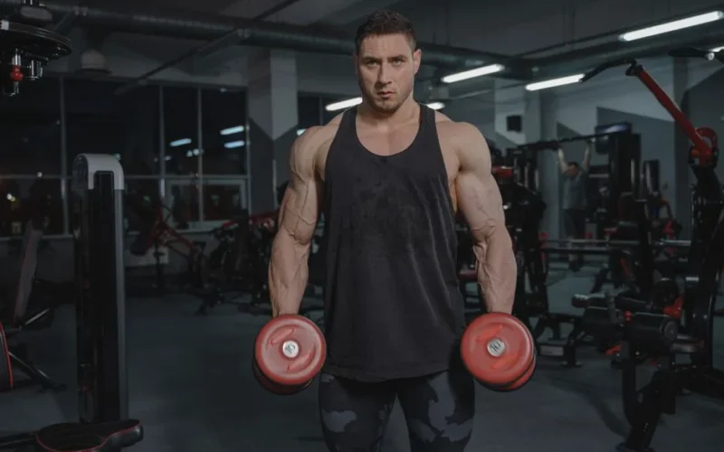 Man in gym lifting dumbbells, showcasing strength and fitness.