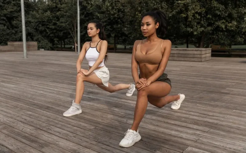 Full body of focused multiracial girlfriends doing Crescent Lunge with hands on knee on wooden podium in summer garden