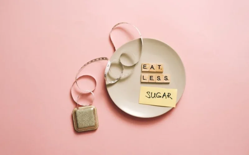 Flat lay of a plate with scrabble tiles spelling 'Eat Less Sugar,' accompanied by a tape measure, symbolizing healthy eating.