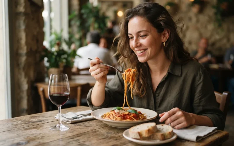 a person eating a plate of pasta and bread