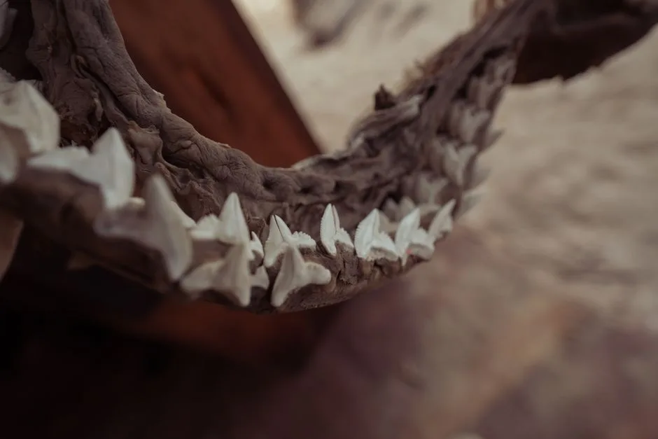 Detailed close-up of shark jawbone showing sharp teeth, perfect for natural history content.