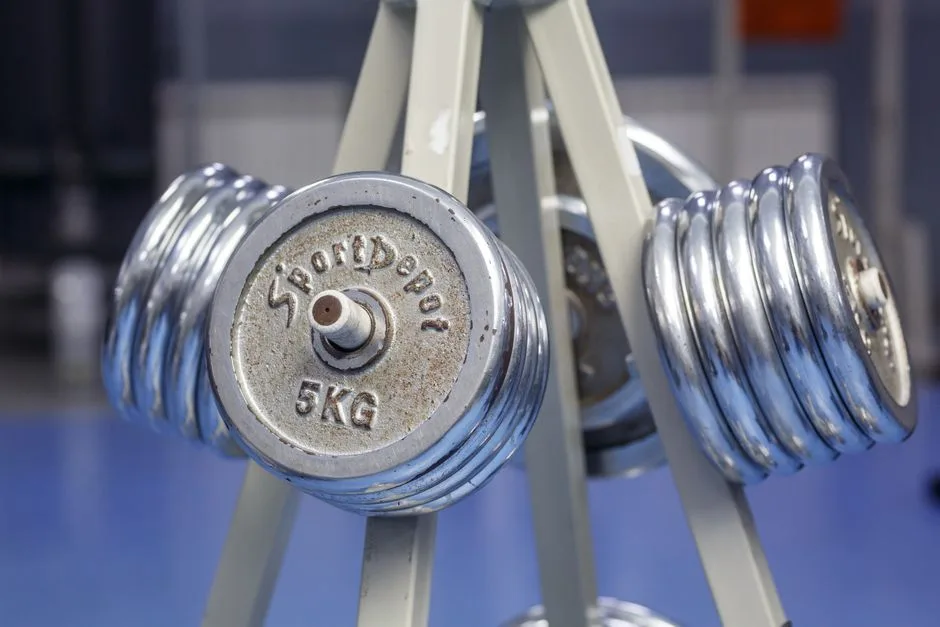 Close-up of chrome dumbbells on a gym rack displaying 5kg weights.