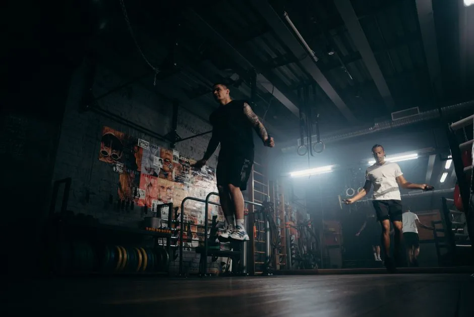 Two men actively skipping jump ropes in a dimly lit gym environment.