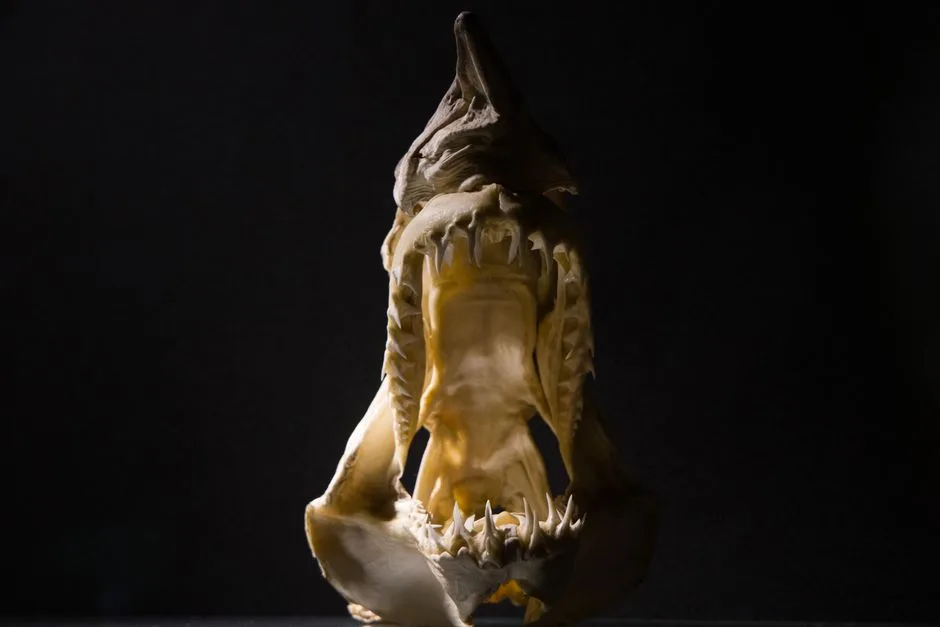 Close-up of a shark jaw fossil with visible teeth on a dark background.
